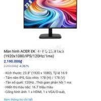 Màn Hình Acer 120Hz Cổng HDMI, Display Như Mới, Full Box Bill, Mới Mua 3 Ngày  