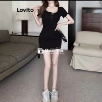 Đầm Lovito màu trơn cài nút
