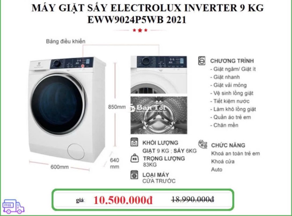 Máy giặt sấy ELECTROLUX INVERTER 9KG EWW9024P5WB