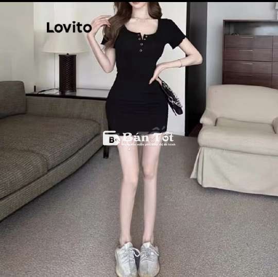 Đầm Lovito màu trơn cài nút