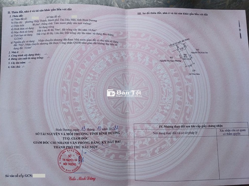Chính chủ Cần sang nhượng đất thổ cư Ttrung Tâm Thủ Dầu 1, giá 3.25ty
