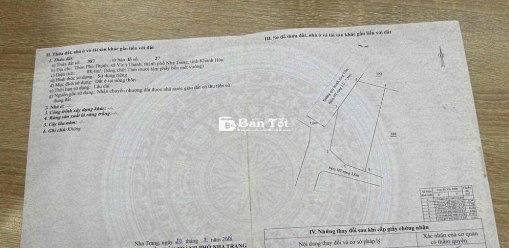 Lô đất Vĩnh Thạnh - 2 mặt tiền thoáng- sổ hồng full thổ cư