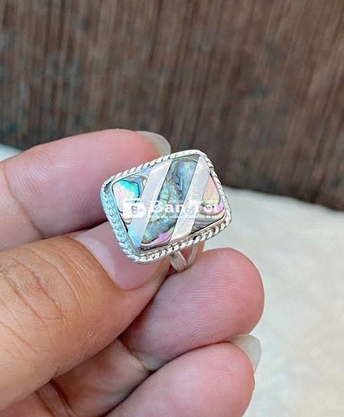 Nhẫn bạc hiệu mặt ốp xàcừ, chữ nhật xưa cực sang