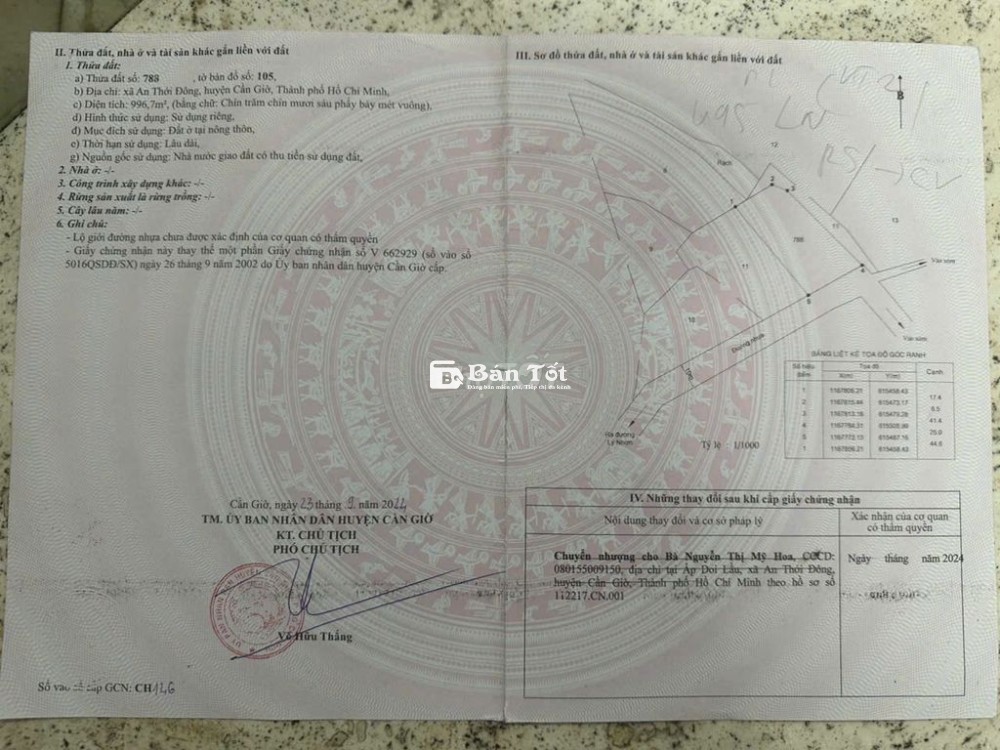 Bán đất 1002.6m², thổ cư 100% tại Xã An Thới Đông Huyện Cần Giờ