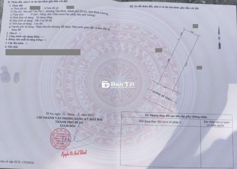 Đất đẹp 100m ngang 5m gần chợ Tân Bình và ngã tư Chiêu Liêu Tp. Dĩ An