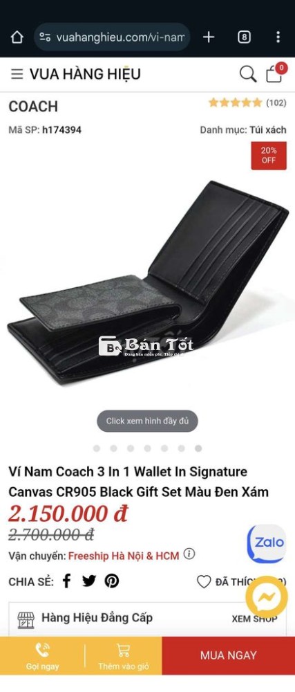 Ví da nam chính hãng Coach 2 trong 1, thiết kế thông minh, tiện lợi