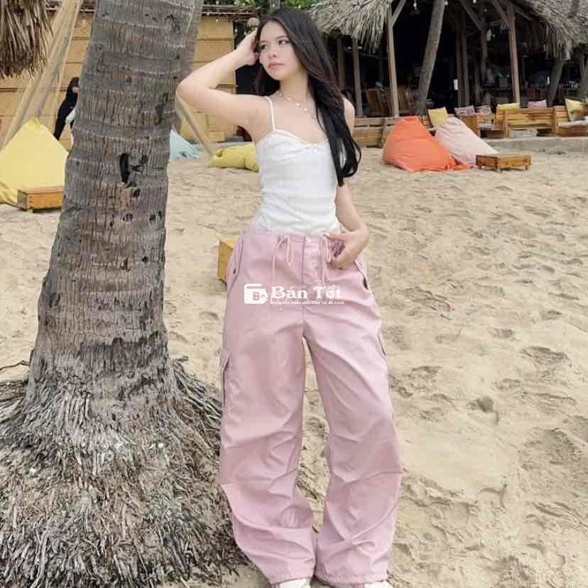 QUẦN DÙ AB HOUSE WHITE PINK DÂY RÚT - Size Freesize  